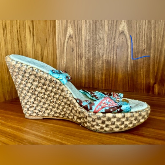 EUC VTG PELLE MODA Printed Scarf Tie Wedge Espadrilles 6.5 Aqua/Rust Brown/Gold - Picture 8 of 16